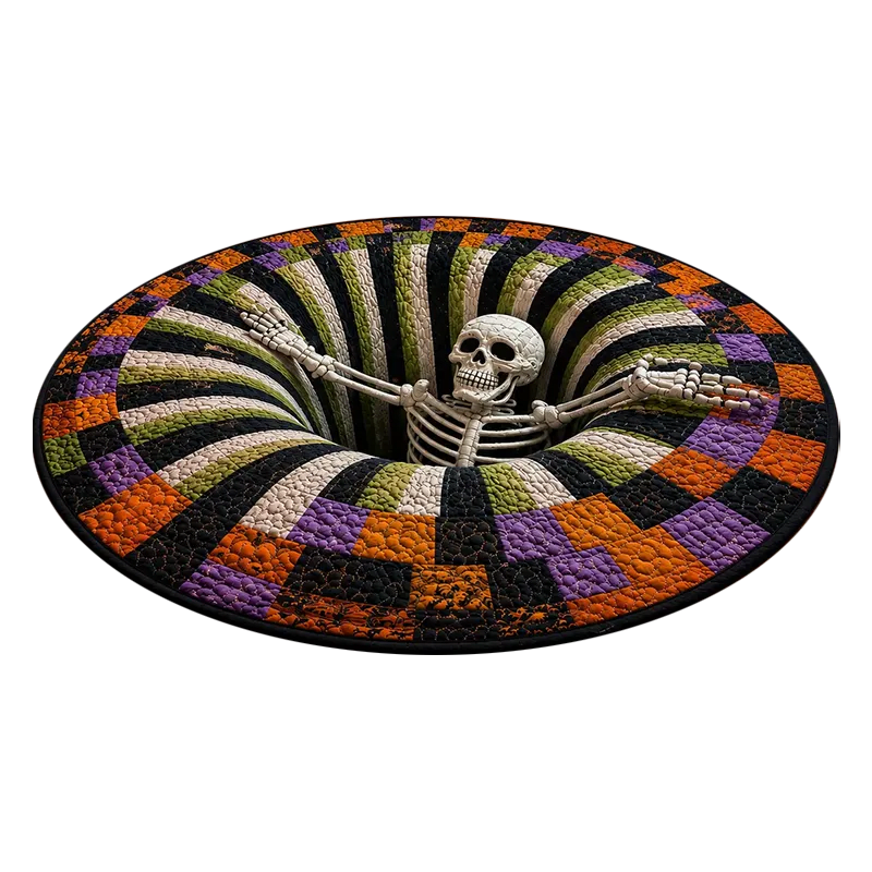 Round 3D vortex Halloween illusion rug with a skeleton reaching out of the spiral