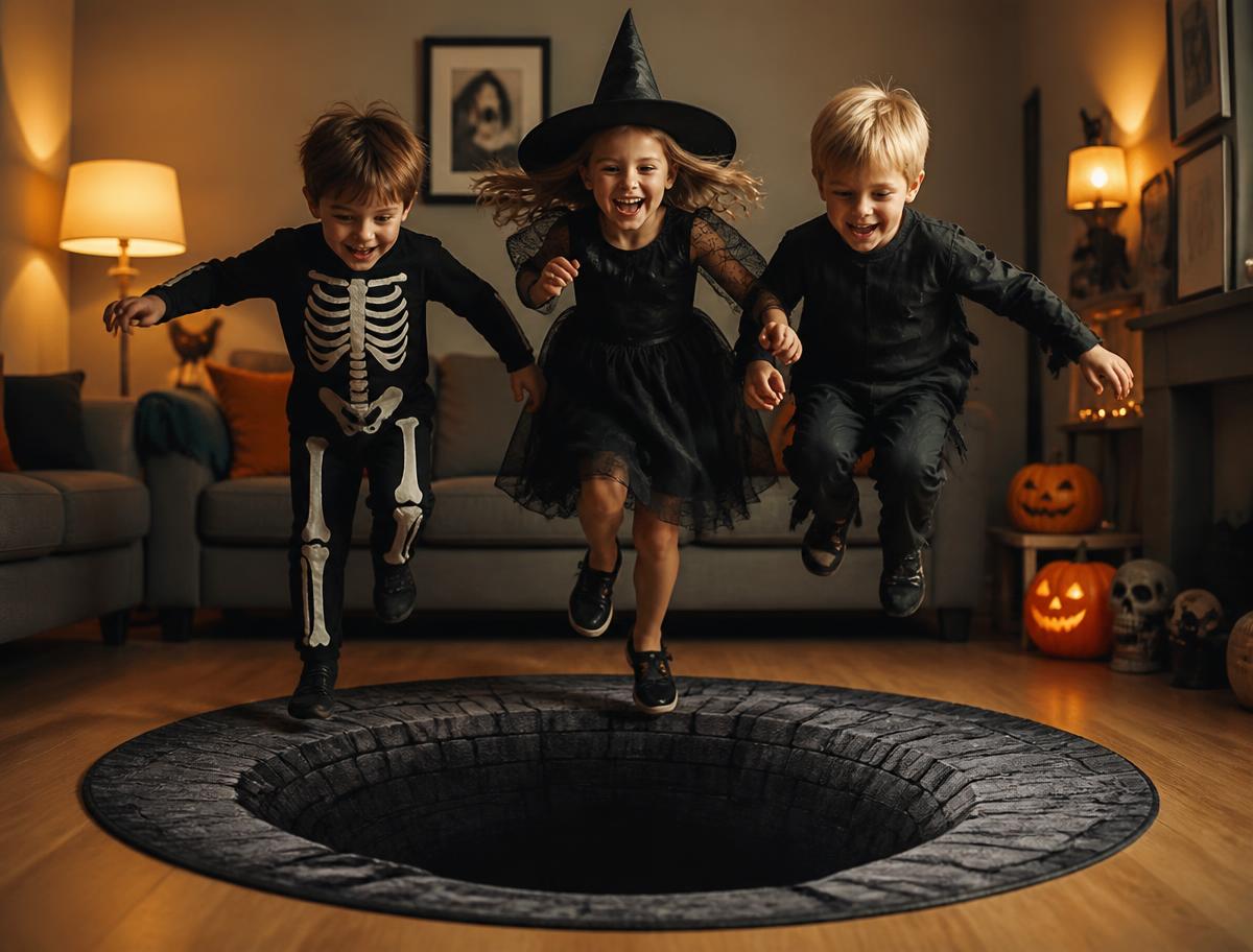 Children in Halloween costumes leaping over an illusion rug in a living room