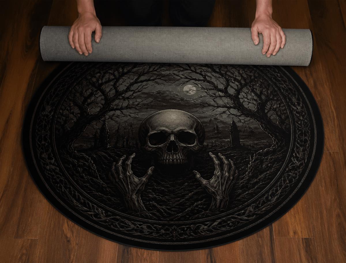 Hands unrolling a round illusion rug onto a hardwood floor